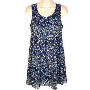 Max Studio Dress Sheer Navy Blue Mini Sleeveless Tent Babydoll Pleated Floral XS